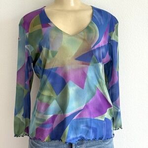 Kenny Dana Y2K Grunge Abstract Mesh Top V-Neck Blue Purple Blouse M Geometric